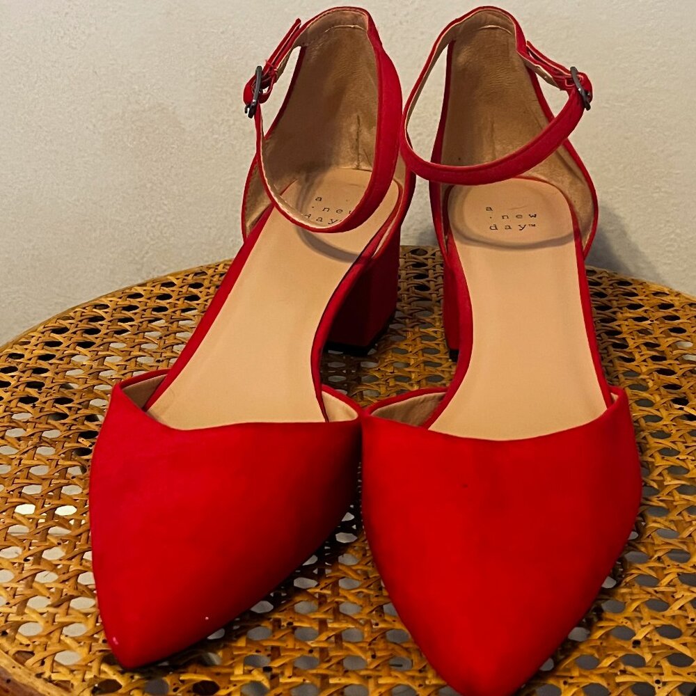 Red ankle strap short heels
